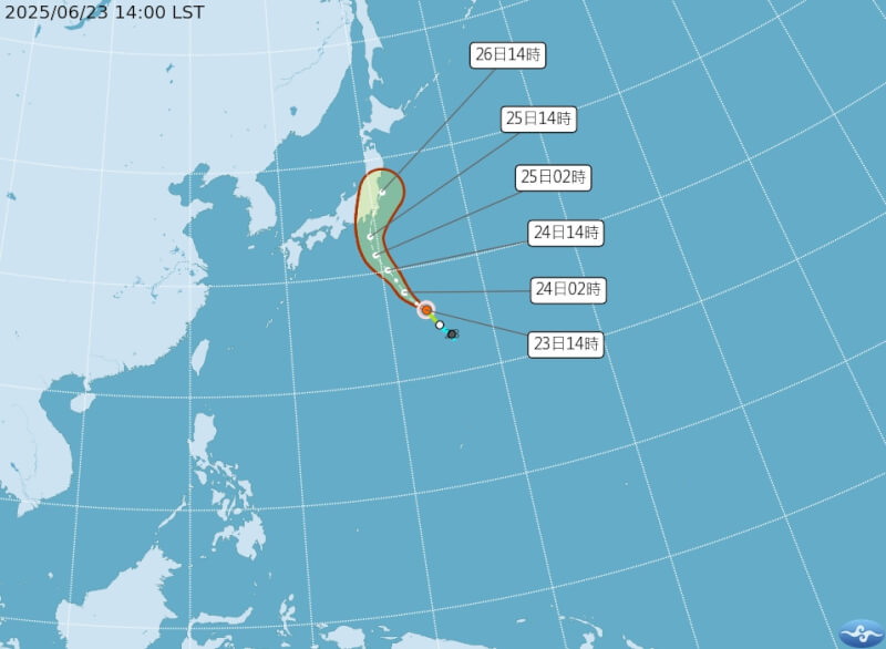 颱風聖帕23日下午2時路徑預測圖。(圖取自中央氣象署網頁cwa.gov.tw)