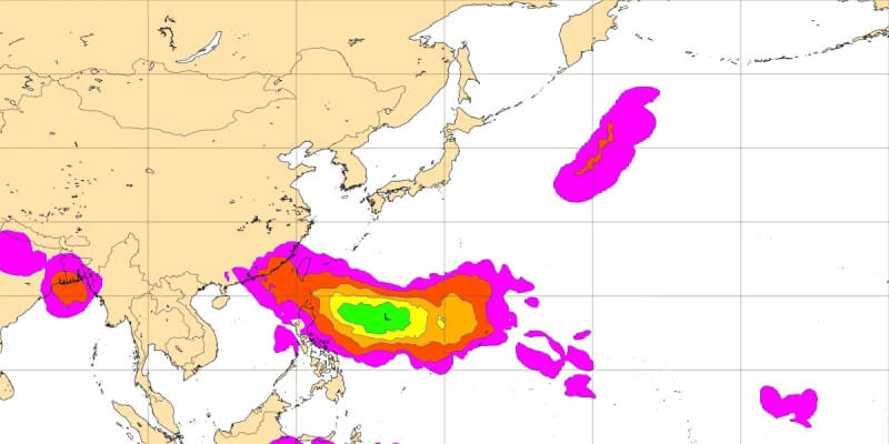 圖為歐洲系集模式7月1日熱帶氣旋活動模擬圖。(圖取自歐洲系集模式網頁ecmwf.int)