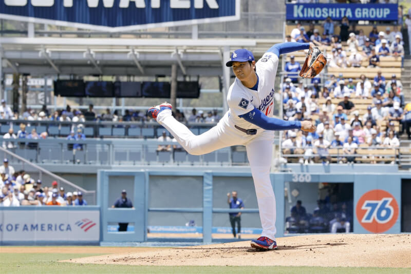 MLB洛杉磯道奇球星大谷翔平(圖)22日登板投球,投出無安打1局、三振2人。(共同社)