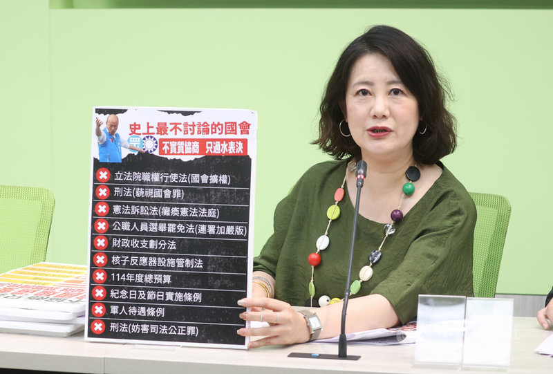 民進黨立法院黨團幹事長吳思瑤(圖)26日舉行記者會表示,立法院長韓國瑜之前出國度假,現在回來就該好好收心上班,包括主持朝野協商,討論新台幣4100億元特別條例草案等案,切勿將法案過水。中央社記者謝佳璋攝 114年6月26日