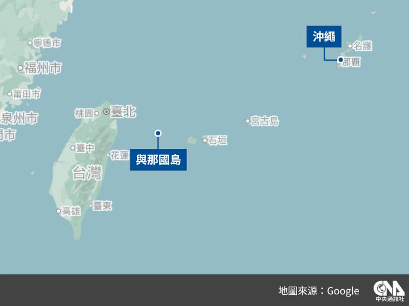 日本研究團隊認為,約3萬年前人類划船從台灣遠渡與那國島是可行的。(中央社製圖)