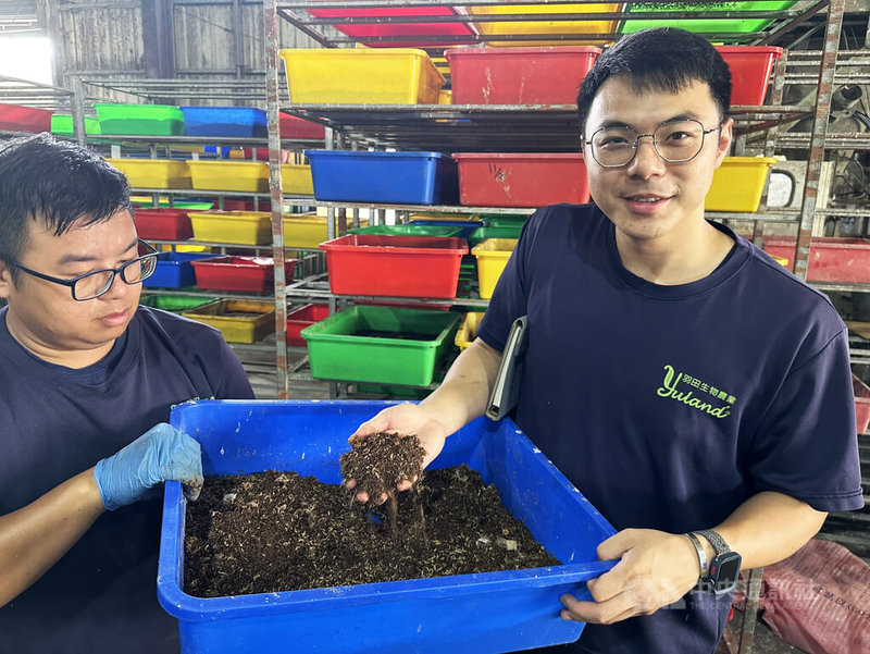 羽田生物農業股份有限公司經理涂智凱(右)表示,黑水虻藉分泌酵素對有機物進行分解為食,蟲糞可作為肥料,被稱為自然界分解者與轉換者。中央社記者鄭維真攝 114年6月30日