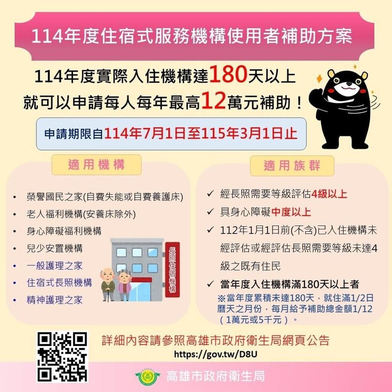 高雄市住宿式服務機構使用者補助,將自7月1日起分別由社會局及衛生局受理民眾申請。(高雄市衛生局提供)中央社記者蔡孟妤傳真 114年6月30日