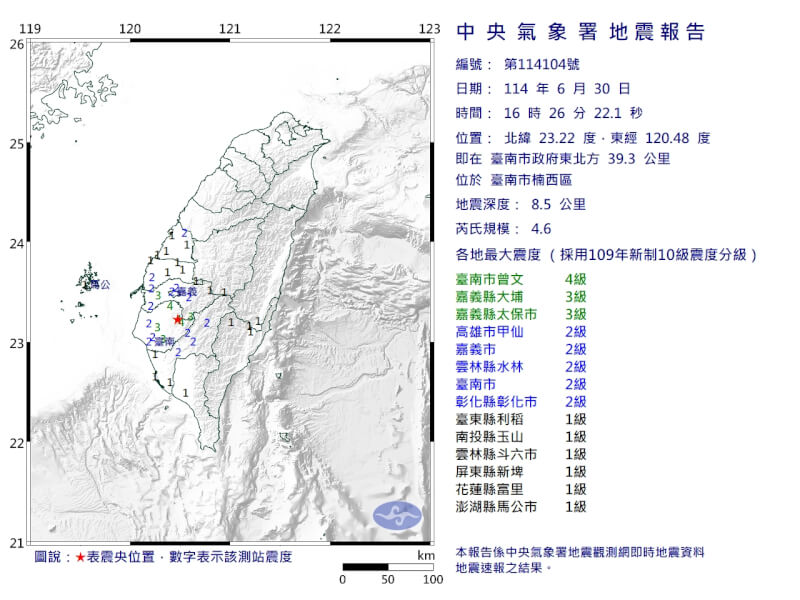 30日16時26分台南市發生芮氏規模4.6地震。(圖取自氣象署網頁cwa.gov.tw)