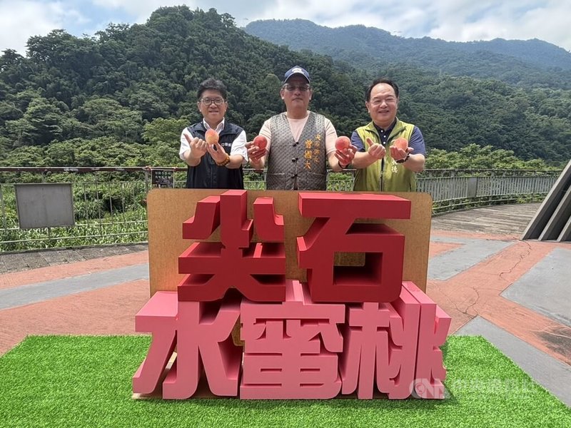 新竹縣尖石鄉公所2日辦理「甜蜜豐收、樂桃尖石」行銷推廣活動，鄉長曾國大（中）出席，指出今年天氣條件穩定、雨水充沛，水蜜桃果實品質佳且產量豐；為幫助農民促銷，也將舉辦3場次實體展售會。中央社記者郭宣彣攝  114年7月2日