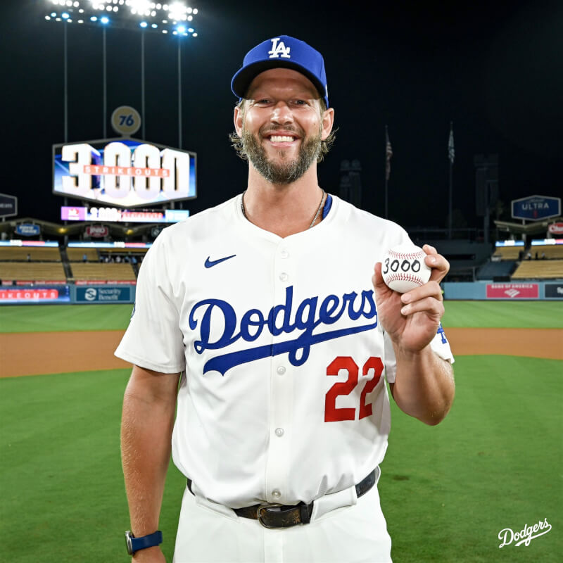 MLB洛杉磯道奇投手柯蕭2日成為大聯盟歷史上第20位達成生涯第3000次三振的投手。(圖取自x.com/dodgers)