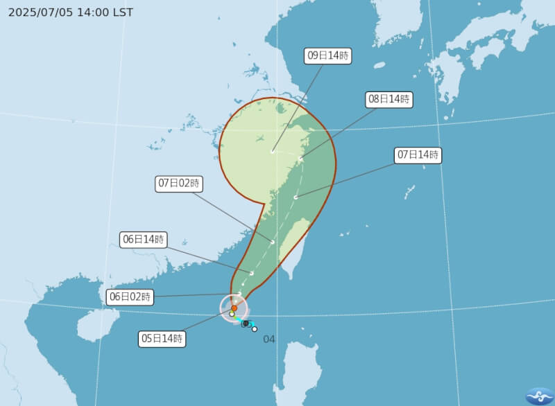 颱風丹娜絲預計向北北東轉東北移動,對東沙島海面、巴士海峽及台灣海峽構成威脅。(圖取自中央氣象署網頁cwa.gov.tw)