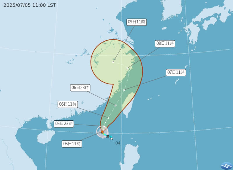颱風丹娜絲路徑潛勢預報。(圖取自中央氣象署網頁cwa.gov.tw)