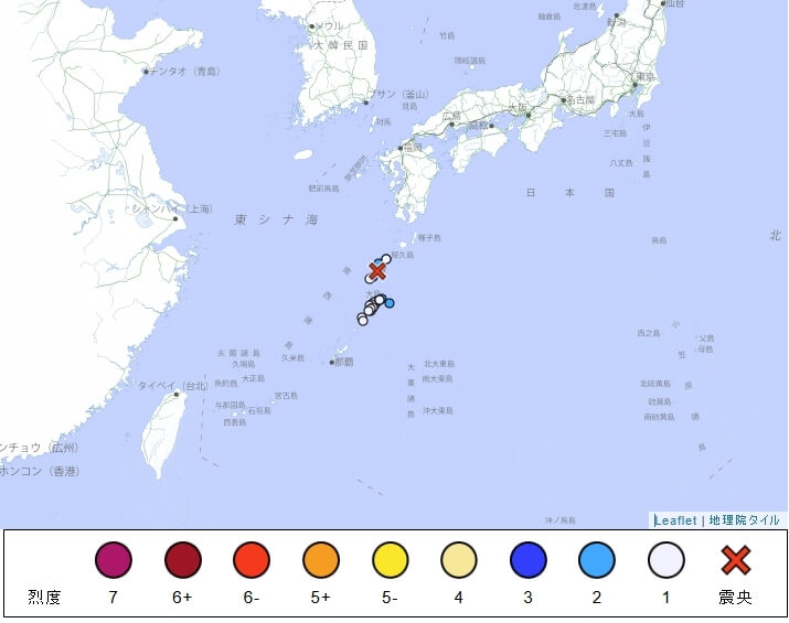日本鹿兒島縣吐噶喇列島近海6日下午發生規模4.8地震，最大震度5強。（圖取自日本氣象廳網頁www.jma.go.jp）