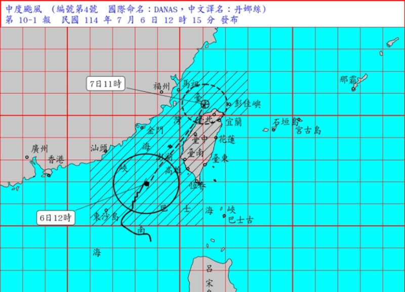 颱風丹娜絲6日上午增強為中颱,氣象署對台灣本島及澎湖發布陸上颱風警報。(圖取自氣象署網頁www.cwa.gov.tw)