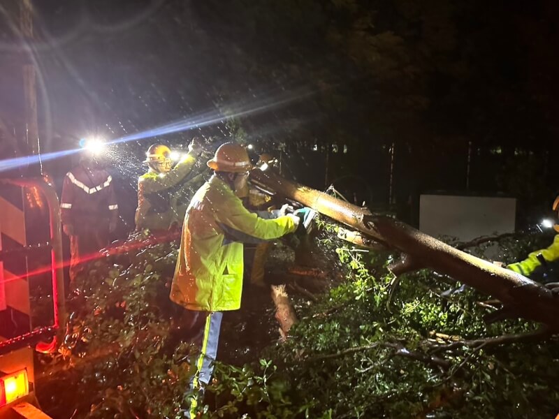 颱風丹娜絲造成高雄市多區停電,台灣電力公司高雄區營業處人員6日晚間冒雨持續搶修。(台電高雄區處提供)中央社記者張已亷傳真 114年7月6日