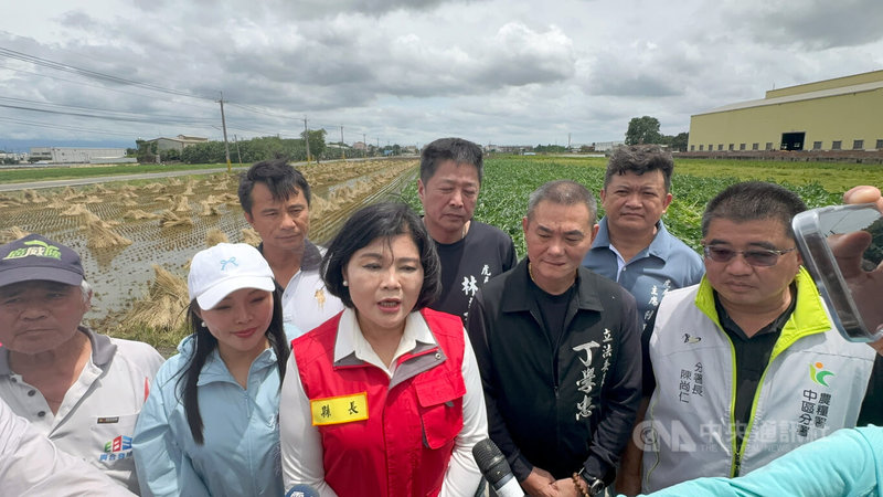 颱風丹娜絲肆虐,雲林縣長張麗善(前中)與國民黨立委張嘉郡(前左2)、立委丁學忠(前右2)7日陸續到虎尾、元長等鄉鎮會勘玉米、香蕉、蔥等農作物災損情況。中央社記者姜宜菁攝 114年7月7日