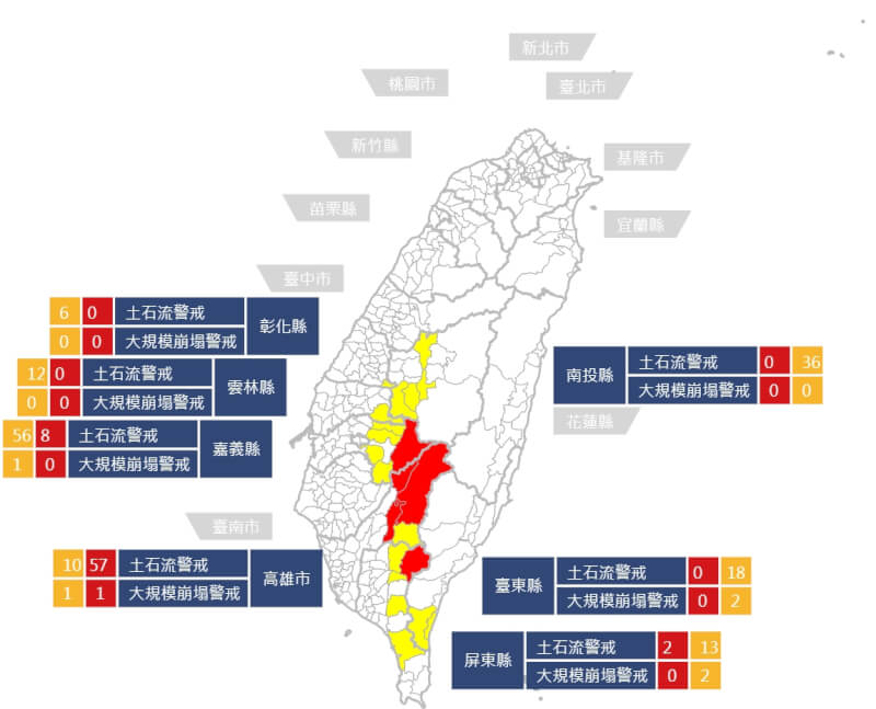 中南部豪雨不斷,農業部農村發展及水土保持署10日上午發布67條土石流潛勢溪流紅色警戒。(圖取自土石流及大規模崩塌防災資訊網246.ardswc.gov.tw)