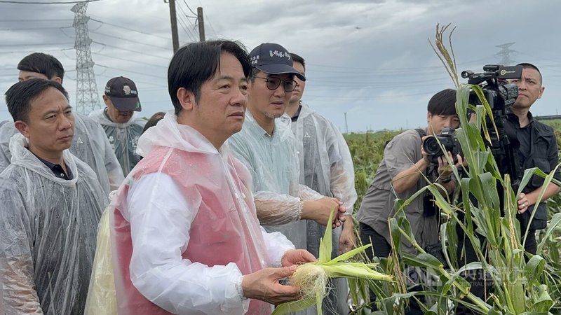 颱風丹娜絲重創雲林縣農業,總統賴清德(前中)10日親自南下雲林縣勘災,要求農業部秉著同理心,從優、從速、從寬、從簡給予現金救助。中央社記者姜宜菁攝 114年7月10日