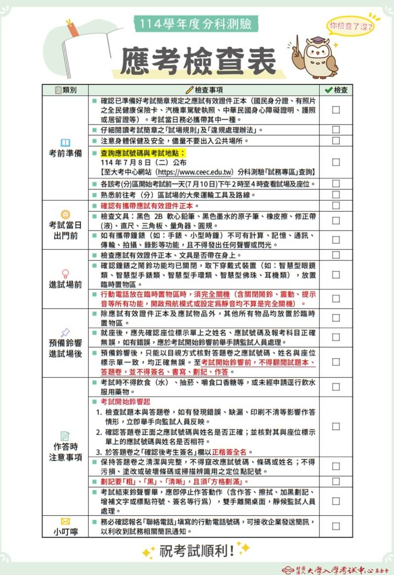 114學年度分科測驗將登場,大考中心整理應考檢查表,提醒考生出門前要確認攜帶應試有效證件正本、行動電話放臨時置物區時務必完全關機、考試開始鈴響前不得翻閱試題本或答題卷等。(大考中心提供)