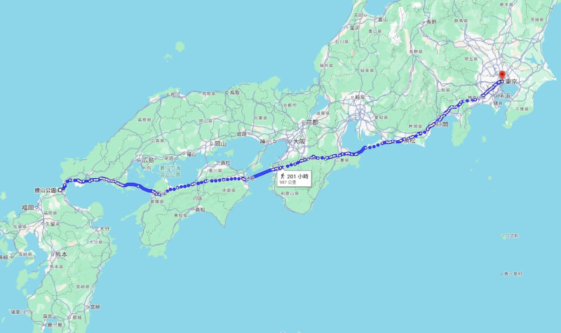 日本85歲的河野久美子前後用3年多的時間,分階段從北九州市徒步走到東京都。(圖取自Google地圖網頁google.com/maps)