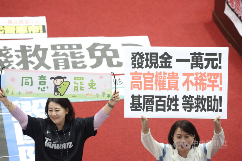 民進黨立委吳思瑤(左)、國民黨立委王鴻薇(右)在場內各自舉牌表達立場。中央社記者趙世勳攝 114年7月11日