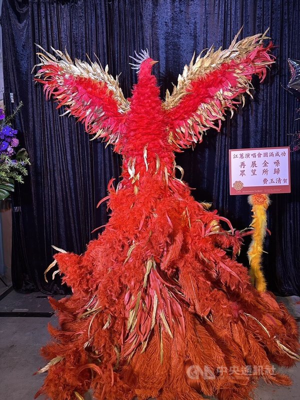 歌手「二姐」江蕙11日晚間在高雄巨蛋開唱,好友費玉清特別訂做巨型鳳凰,以金色跟紅色為主色調,並寫著「再展金嗓 眾望所歸」,送上祝福。中央社記者王心妤攝 114年7月11日
