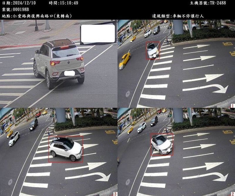 議員指北市府增設科技執法設備，卻以人工審查影像開單舉發，造成基層員警壓力，建議可導入AI（人工智慧）技術協助。北市交通大隊11日表示，科技執法交通違規舉發涉及民眾權利，目前未考慮AI直接開單。（警方提供）中央社記者劉建邦傳真  114年7月11日