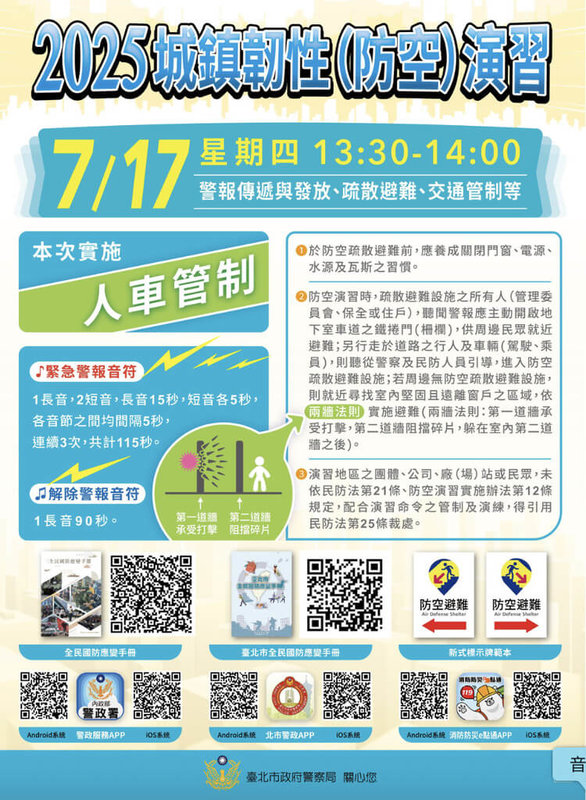 台北市觀傳局表示,17日下午1時30分至2時將實施30分鐘「2025年城鎮韌性(防空)演習」,屆時全市人、車及所有場所執行疏散避難、交通等必要管制演練。(台北市觀傳局提供)中央社記者楊淑閔傳真 114年7月13日