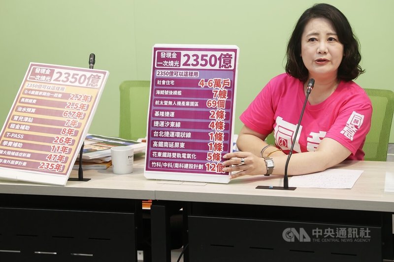 立法院11日三讀通過普發現金每人新台幣1萬元。民進黨立法院黨團幹事長吳思瑤14日說，普發現金一次燒光國家新台幣2350億元，這筆錢可以造7艘海鯤號、育兒津貼可用7年、撥補癌症新藥可用47年、租金補貼可用8年，福利、建設的錢，不該讓藍白大撒幣，只為了救罷免。中央社記者郭日曉攝　114年7月14日