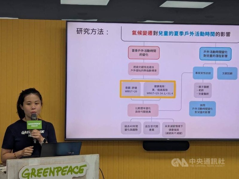 綠色和平15日舉辦「被高溫偷走的童年:氣候變遷對兒童夏季戶外活動影響分析」研究報告發表記者會,指出2023年雙北等8縣市夏天的熱傷害風險時數共約780小時,2100年更上看1193小時,影響兒少戶外活動。中央社記者張雄風攝 114年7月15日