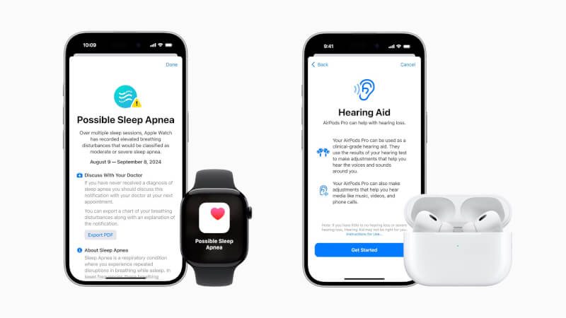 蘋果公司宣布,已獲得衛福部許可,16日起在台灣推出Apple Watch智慧手錶的睡眠呼吸中止症通知功能,以及在AirPods Pro 2無線耳機提供聽力健康體驗。(圖取自蘋果官方網頁apple.com)