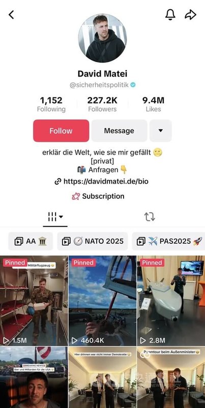 德國聯邦國防軍上尉馬泰在TikTok與Instagram上分別擁有22萬與15萬追蹤者,受德國國防部邀請,參加北約與慕尼黑等重要安全會議,足見德國官方對社群短影音宣傳的重視。(翻攝自馬泰Tiktok)中央社記者林尚縈柏林傳真 114年7月16日