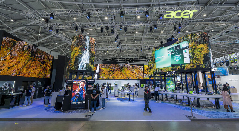 2024年電腦品牌廠宏碁(Acer)在COMPUTEX的展位設計概念從螢幕向外延伸,透過AI生成視覺及音效,運算出不重複的影音饗宴。(光洋波斯特提供)中央社記者陳姿伶傳真 114年7月17日