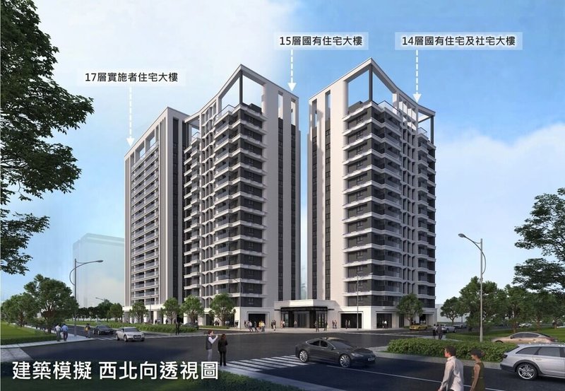 高雄市岡山區信義段46地號公辦都市更新案18日簽約,預計新建3棟住宅大樓,基地座落大鵬九村生活圈核心,車程5至7分鐘可達岡山行政中心、岡山高醫與岡山車站。圖為建築完工模擬示意圖。(高雄市都發局提供)中央社記者林巧璉傳真 114年7月18日