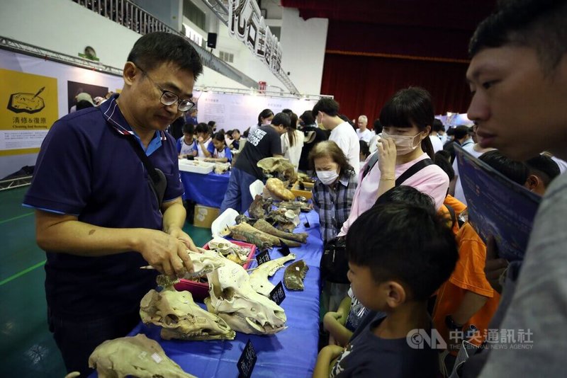 嘉義市科學168教育博覽會18日起在港坪體育館熱鬧登場,現場並推出3大主題特展,包括台南左鎮化石園區帶來的「化石主題特展」。中央社記者黃國芳攝 114年7月18日