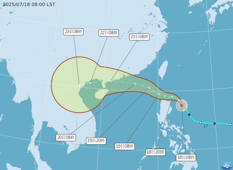 輕度颱風薇帕路徑潛勢預報圖。(圖取自氣象署網頁www.cwa.gov.tw)