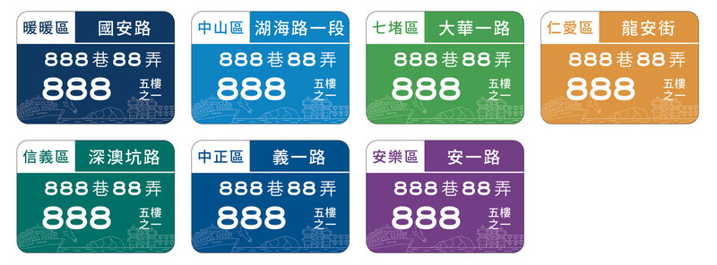 基隆市民宅門牌已40多年未換新,市府為提升城市形象,預計自2025年8月起全面更新,新門牌融入黑鳶及基隆嶼等在地特色,並以不同配色提高行政區辨識度。(基隆市政府提供)中央社記者沈如峰基隆傳真 114年7月19日