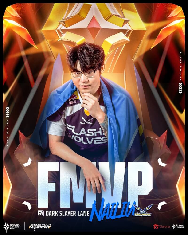 台灣戰隊閃電狼（FW）在APL傳說對決超級職業聯賽，逆轉勇奪世界冠軍，NaiLiu（王子修）獲得FMVP。（圖取自instagram.com/aovesports.tw）