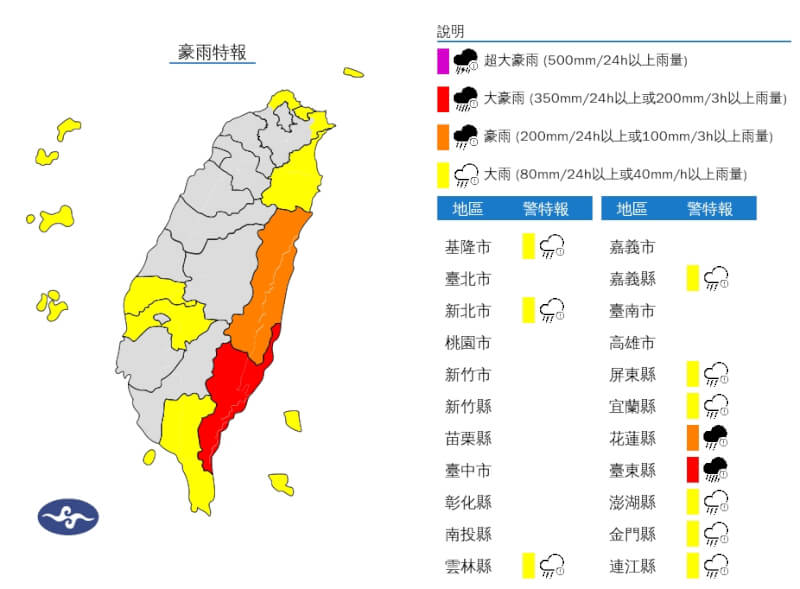 台東21日有局部豪雨或大豪雨,花蓮局部大雨或豪雨,宜蘭、屏東、金門、馬祖、澎湖、基隆北海岸、綠島及蘭嶼有局部大雨發生機率。(圖取自中央氣象署網頁cwa.gov.tw)