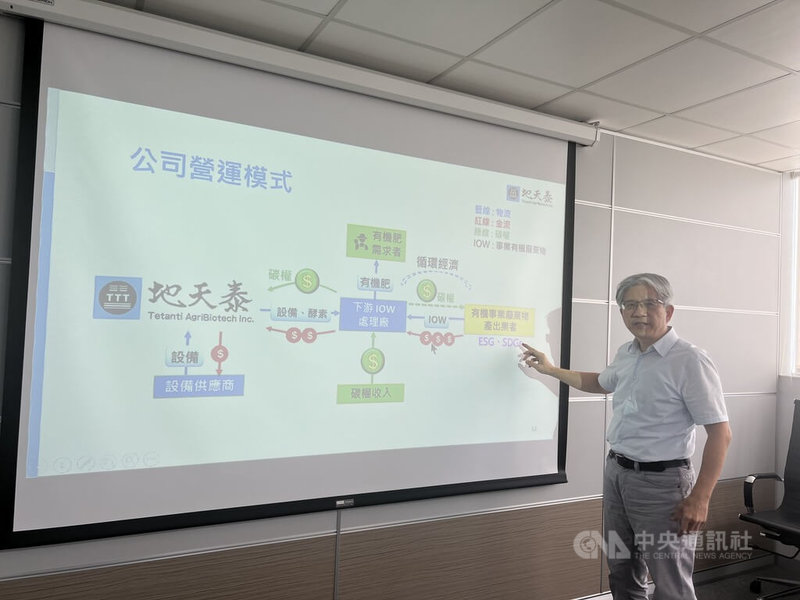 地天泰農業生技股份有限公司有TTT技術,可運用標靶酵素將有機廢棄物在3小時內轉成有機肥料,總經理楊禮亘說明公司營運商業模式。中央社記者郝雪卿攝 114年7月22日