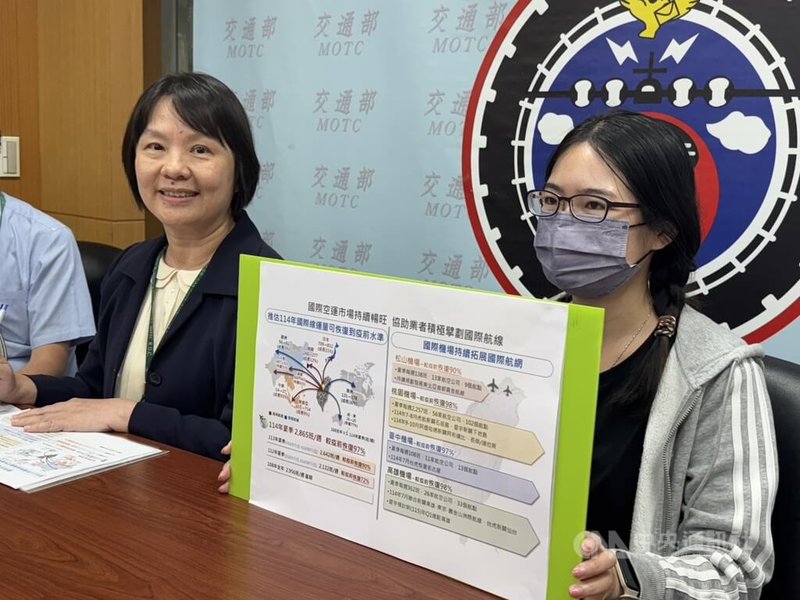 交通部民用航空局空運組長謝金玫(左)22日表示,今年1到6月國際線運量已達2848萬人次,預估今年整年度國際線運量可望落在5498萬至6178萬人次,有機會恢復到2019年水準,甚至創下歷史新高。中央社記者余曉涵攝 114年7月22日