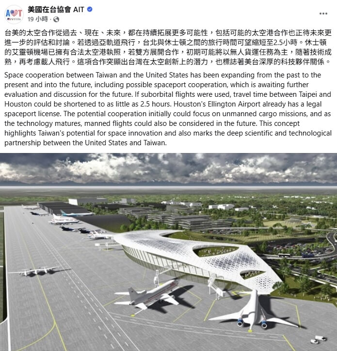 美國在台協會21日在官方臉書發文表示,美國目前正與台灣洽談可能的太空港合作,未來有望透過亞軌道飛行,將台北與休士頓之間的旅行時間縮短至僅2.5小時。(圖取自facebook.com/AIT.Social.Media)