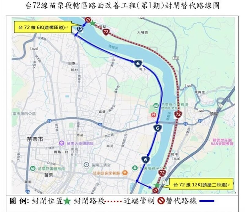 公路局中區養護工程分局苗栗工務段23日表示，台72線6K（造橋）至11K（頭屋一）東向車道，將於7月28日起施工封閉2週，提醒用路人施工封閉期間，提前改道行駛台6線替代道路。（公路局苗栗工務段提供）中央社記者管瑞平傳真　114年7月23日