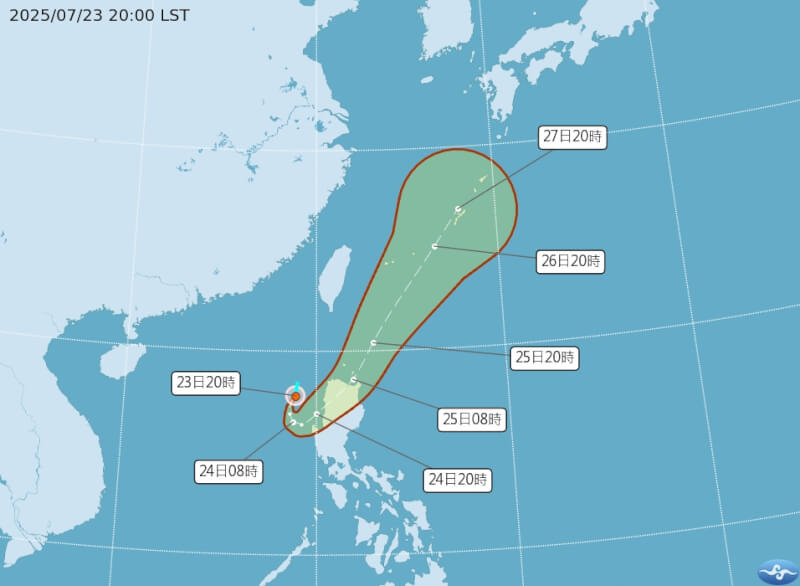 颱風竹節草23日晚間8時路徑潛勢預報。(圖取自氣象署網頁cwa.gov.tw)