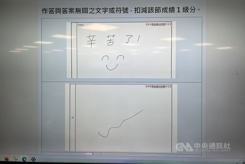 大考中心24日召開分科測驗試務委員會,有考生書寫與作答無關文字或符號,被扣1級分。(翻攝自試務委員會現場螢幕)中央社記者陳至中台北攝 114年7月24日