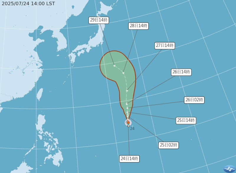 颱風柯羅莎預測朝北往日本東南方海面移動。(圖取自氣象署網頁cwa.gov.tw)