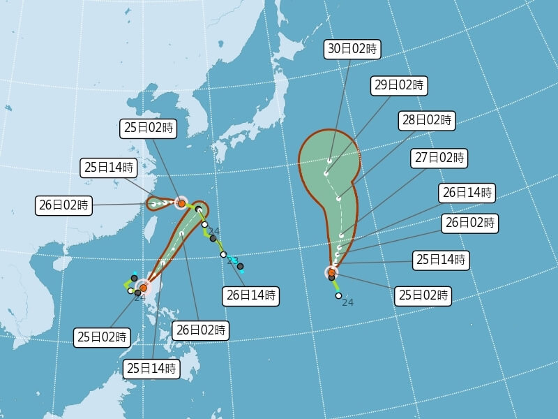 颱風范斯高、竹節草、柯羅莎路徑潛勢預報圖。（圖取自氣象署網頁www.cwa.gov.tw）