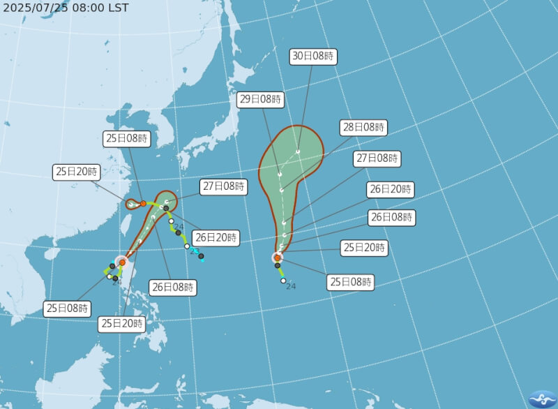 颱風竹節草、柯羅莎和熱帶性低氣壓TD10路徑潛勢預報圖。(圖取自氣象署網頁cwa.gov.tw)