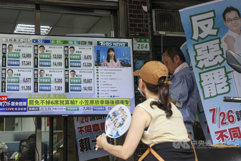 圖為26日民眾在面臨罷免危機的國民黨立委賴士葆服務處前,關注最新開票進展。(中央社檔案照片)