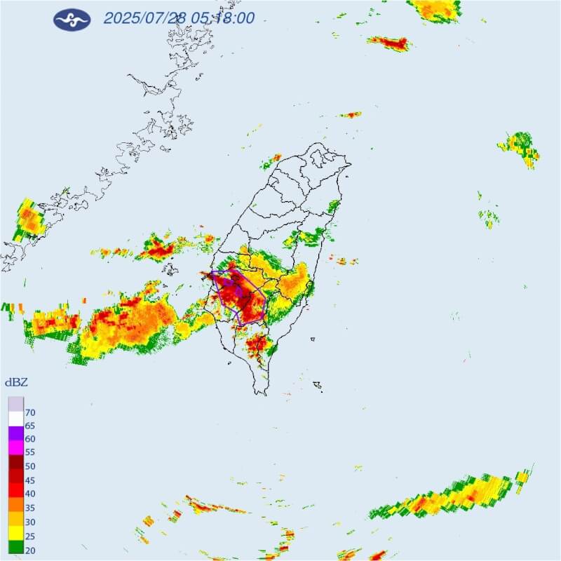 氣象署針對雲林縣、嘉義縣市、台南市及高雄市發布大雷雨即時訊息。（圖取自氣象署網頁cwa.gov.tw）