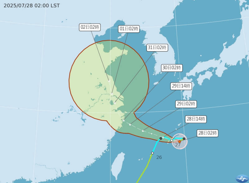 輕度颱風竹節草路徑潛勢預報。(圖取自氣象署網頁www.cwa.gov.tw)
