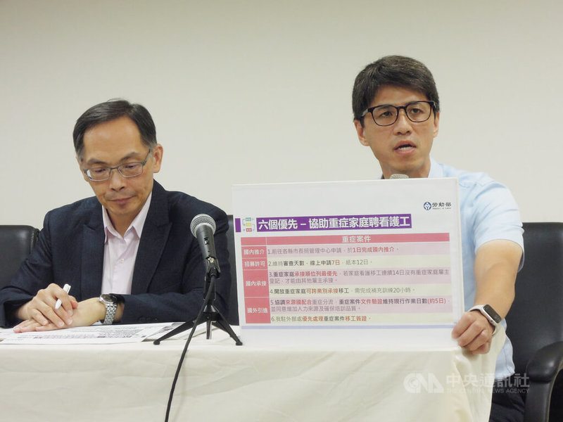 勞動部29日宣布，80歲以上聘外籍家庭看護工得免醫療機構評估8月1日正式上路。勞動部勞動力發展署跨國勞動力管理組組長蘇裕國（右）說明6大配套措施，盼保障重症家庭權益。中央社記者吳欣紜攝　114年7月29日