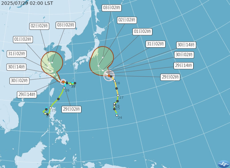 颱風竹節草、柯羅莎路徑潛勢預報圖。(圖取自氣象署網頁cwa.gov.tw)