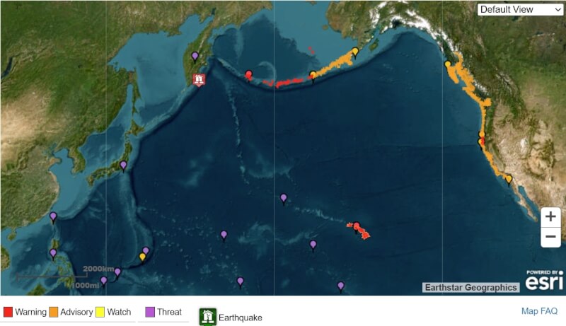 美國國家海嘯警報中心30日指出,俄羅斯遠東外海規模8.7強震,促使太平洋多地發出海嘯警報。(圖取自美國國家海嘯警報中心網頁tsunami.gov)